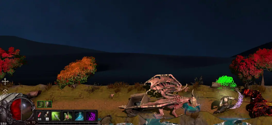Daytime field with red trees beside the level 70 hotbar