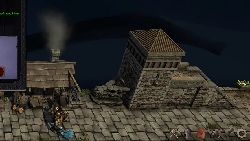 Stone watchtower and paved village under a night sky