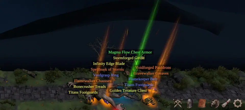 Loot beam labels such as Stormforged Girdle and Golden Treasure Chest