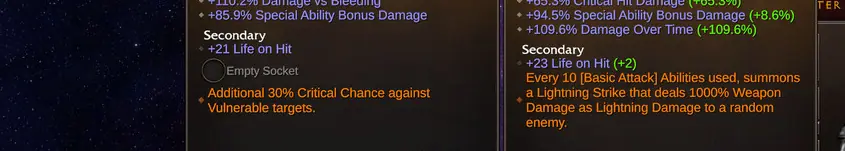 Equipped weapon tooltips showing the empty socket line and prices