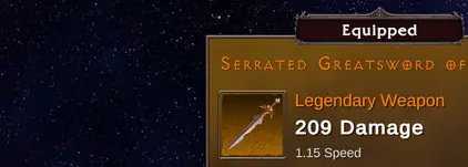 Legendary weapon tooltip header showing 209 damage at item level 701