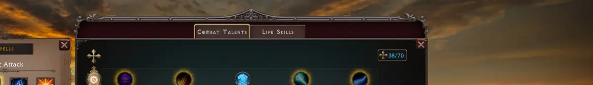 Combat Talents and Life Skills tab bar with the 38/70 point counter