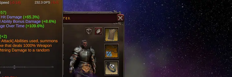 Character panel with equipped armour slots beside the backpack grid