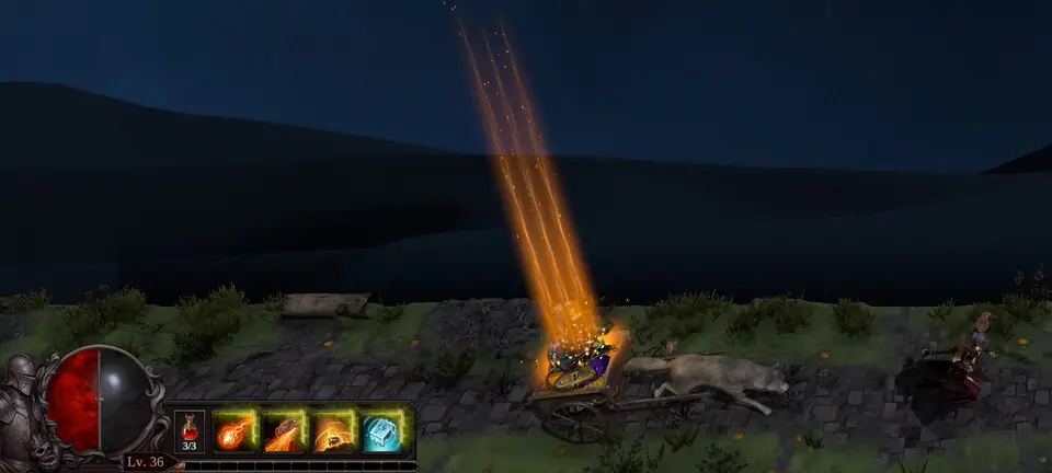 Golden loot beam rising from a cart on the night battlefield