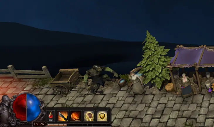 Stone-paved village with market stalls and townsfolk at night