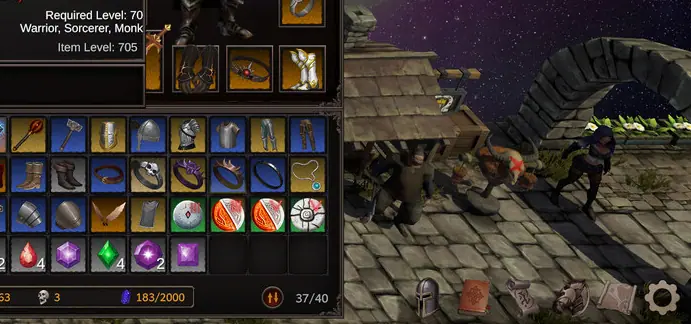 Backpack grid with item stacks, gem row and slot counter