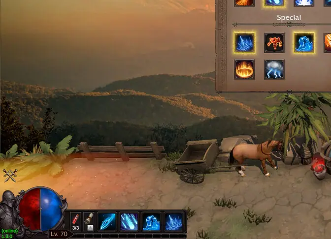 Sunset hillside with a cart and townsfolk beside the road